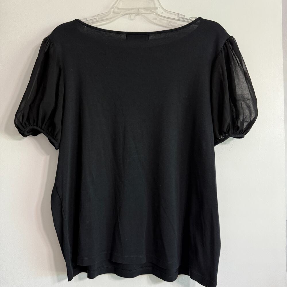 Lauren Ralph Lauren Sheer Puff Sleeve Top Womens Size L Black Romantic Feminine - Picture 2 of 5